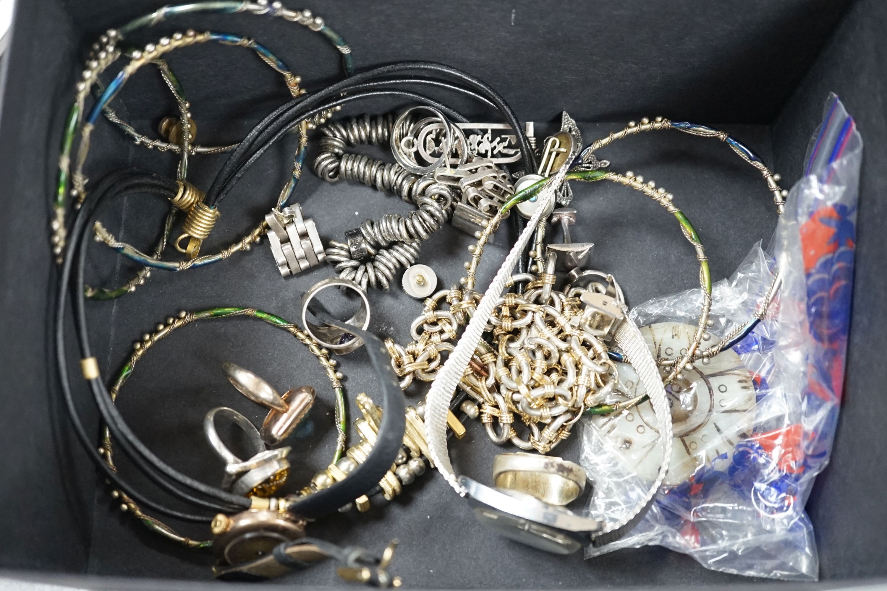 A small quantity of assorted costume jewellery, two silver pocket watches and assorted wrist watches including Timex.